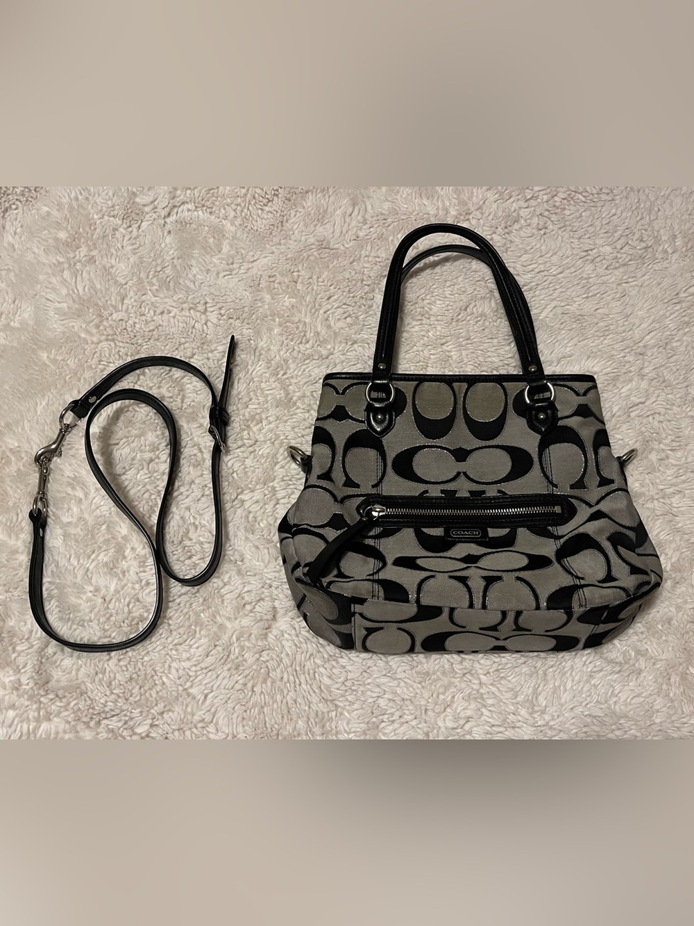 COACH Daisy Mia F23940 Black Silver Metallic Outline Signature Crossbody Satchel